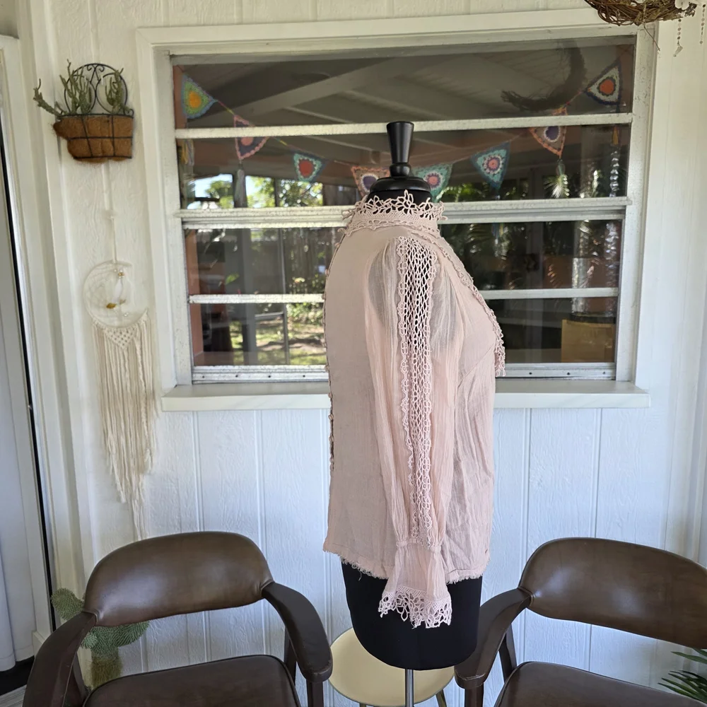 Free People FP One Victoria Top Blush Crochet-Trim Long Sleeve Top